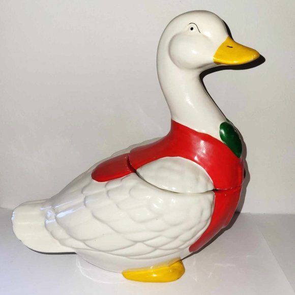 VINTAGE 12" DUCK IN RED TUXEDO COOKIE JAR GREEN BOW TIE HAND PAINTED - Picture 1 of 12